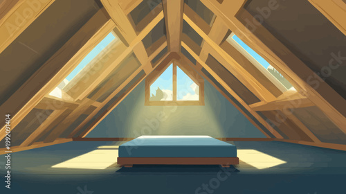 Illustration of a wooden attic space with a bed, lit by sunlight streaming through the windows