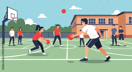 Students play dodgeball on a school playground during a sunny day with clear skies and green trees nearby