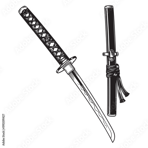 Vintage black and white vector illustration of a Japanese katana sword with scabbard for martial arts design