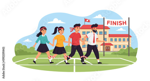 Group of people celebrating at the finish line during a sports event in a school setting on a sunny day