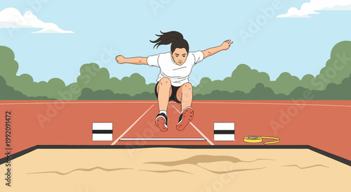 Young athlete jumps in long jump event on outdoor track field during daytime showing form and focus