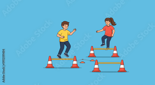 Children play and jump over obstacles in a colorful environment during a sunny day in a park