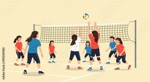 Young girls play volleyball in a gym during a friendly match on a sunny afternoon