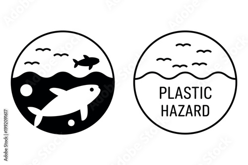 Two circular icons depicting ocean pollution and plastic hazard awareness