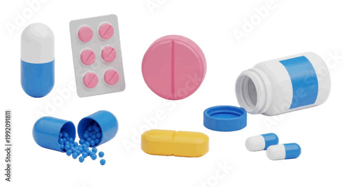 Vector illustration of assorted pharmaceutical pills, capsules, and a medicine bottle on a transparent background
