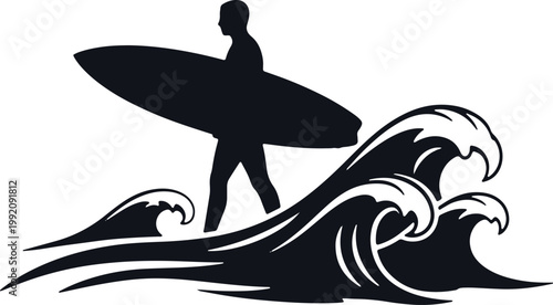 Silhouette surfer carrying surfboard on waves.