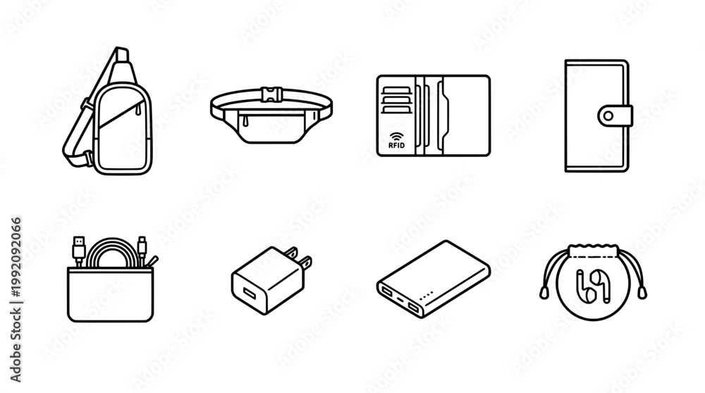 Fototapeta premium Outlined accessories and gadgets set vector illustration design