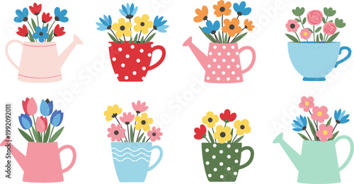 Vector Set of Colorful Watering Cans Filled with Vibrant Flowers for Spring, Garden, and Nature Designs
