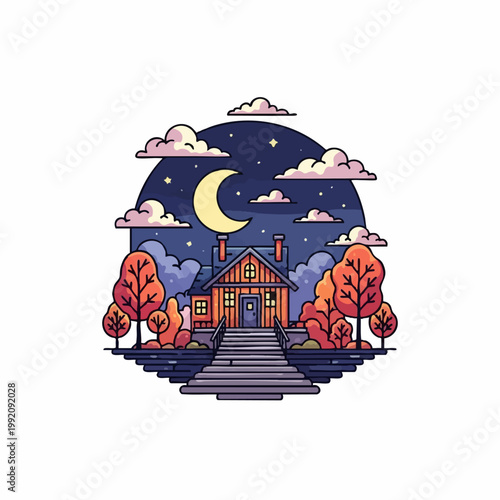 Autumn Night Sky Sticker House Scene