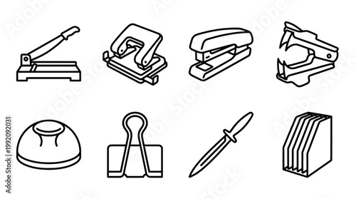 Office supplies collection cutter hole punch stapler paper vector illustration