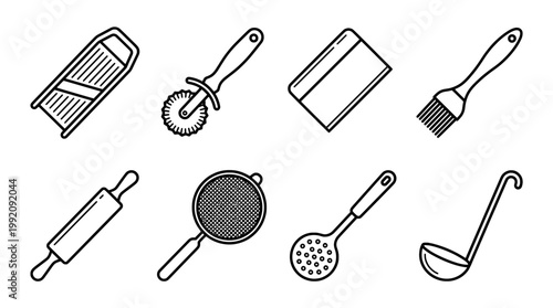 Outline drawings of various kitchen utensils for food preparation and cooking
