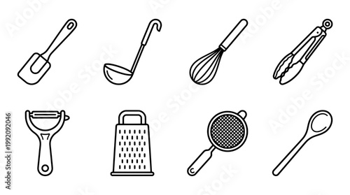 Outline kitchen utensils set cooking tools illustration on white background