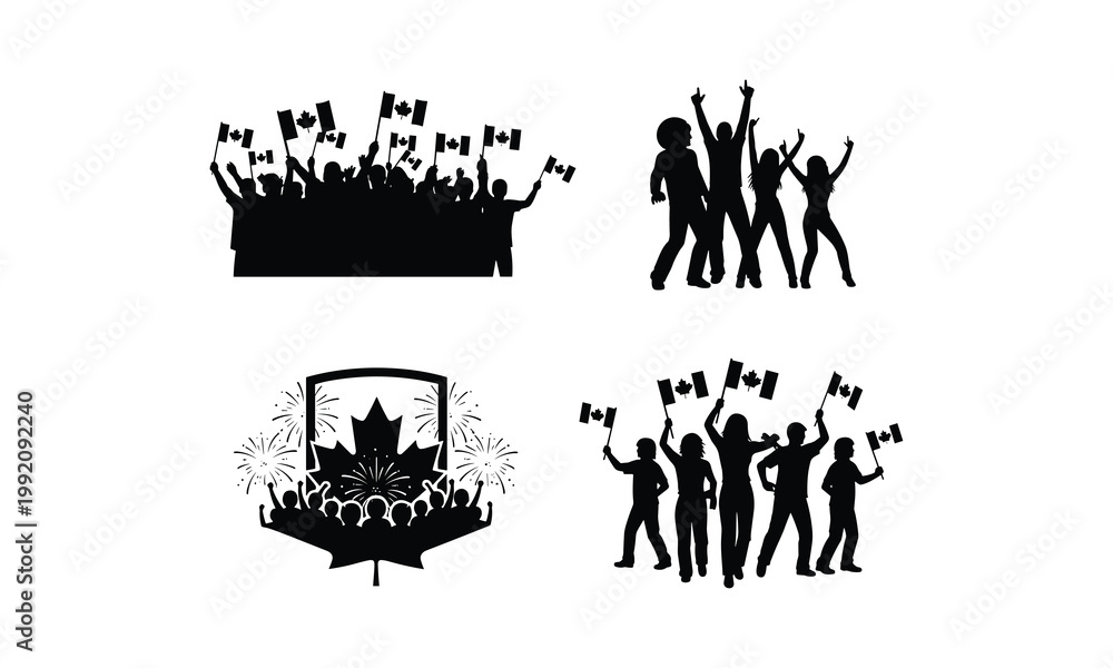 Fototapeta premium Vector silhouette crowd celebrating Canada Day illustration.