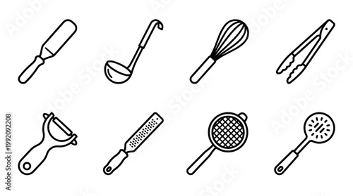 Set of kitchen utensils vector illustrations for cooking and food preparation