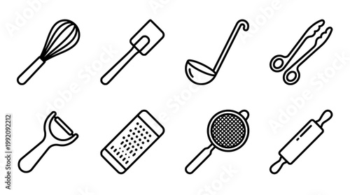 Set of kitchen utensils whisk spatula ladle tongs peeler grater sieve rolling pin