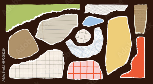 Torn paper pieces. Ripped papers with rough edges. Different materials, shapes, fragments. Collage, sticker note, reminder, banner concept. Hand drawn Vector illustration. Isolated design elements 
