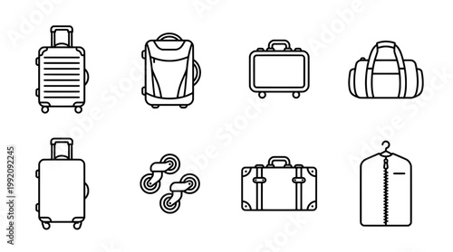 Set of luggage and travel bags in line art style on a white background