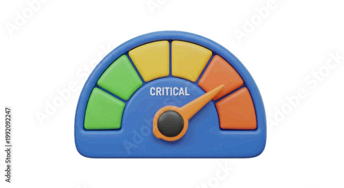 Vector illustration of 3d illustration of a gauge meter with a needle pointing to critical level on a transparent background