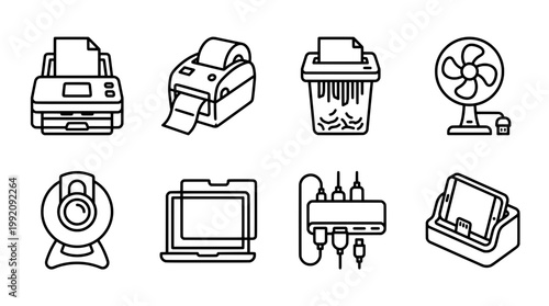 Set of office and electronic devices icons printing computing cooling