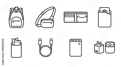 Set of various line art icons illustrating everyday carry essentials