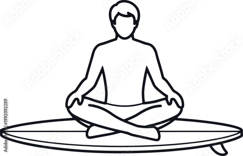 Man meditating on surfboard in lotus pose, zen lifestyle concept.