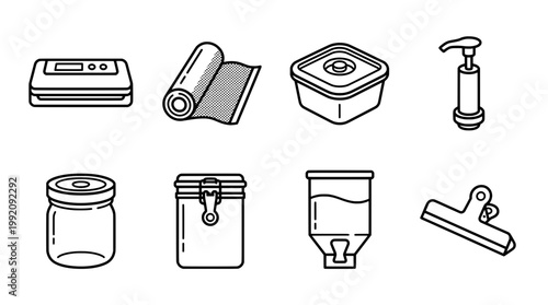 Set of vacuum sealers and food storage containers illustrations