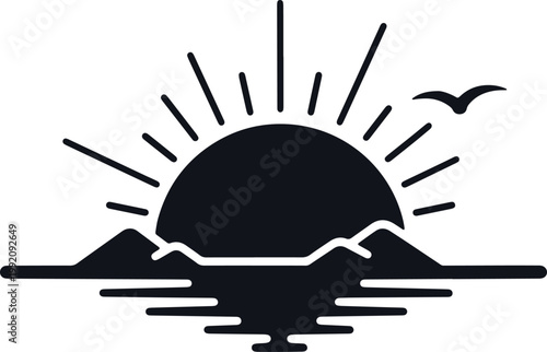 Sunset over mountains and sea, serene nature landscape illustration.