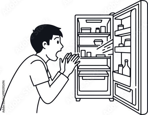 Man looking shocked at open refrigerator full of food.