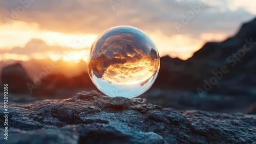 Glass ball on rock a clear glass sphere rests upon a textured stone surface presenting a simple abstract composition