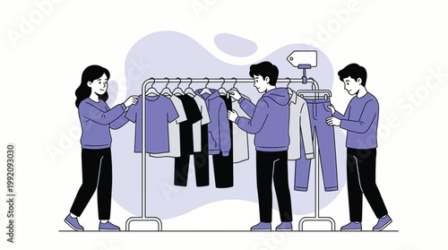 People Choosing Clothes on Sale Rack Vector Illustration Customers Bro
