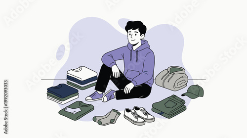 Minimalist Illustration of Young Man Sitting on the Floor Surrounded b
