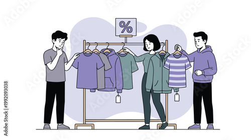 Diverse People Choosing New Clothes on Discount Rack Illustration Flat