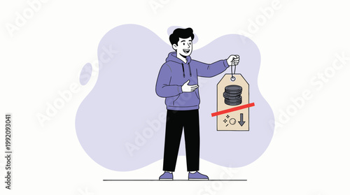 Vector illustration of a happy young man in a purple hoodie holding a