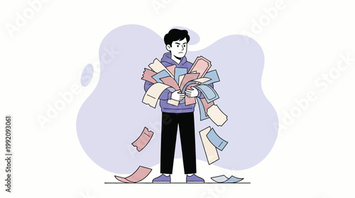 Frustrated Man Holding a Huge Pile of Shopping Vouchers and Coupons Il