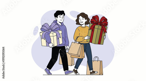 Happy Young Couple Carrying Large Gift Boxes and Shopping Bags After S
