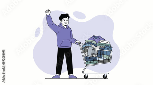 Happy Young Man Celebrating Success with Shopping Cart Full of Clothes