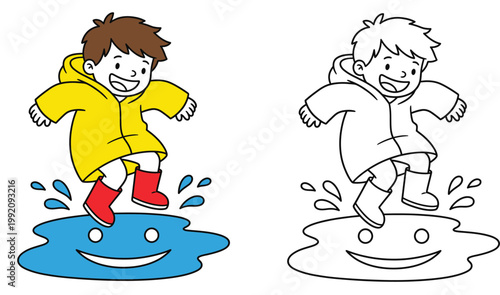 Boy in Raincoat Jumping in Smiley Face Puddle Vector Illustration and Coloring Page Set for Kids and Weather Themes