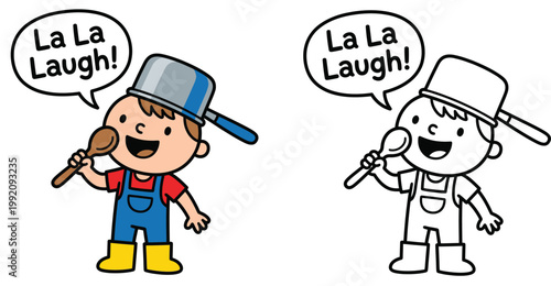Cartoon Boy Singing with a Pot on Head Vector Illustration and Line Art Coloring Page Set with La La Laugh Text Speech Bubble