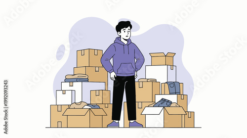 Man Standing Among Cardboard Boxes and Clothes for House Moving Reloca
