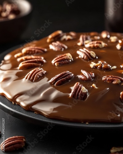 Close up shot of warm pecan pie with caramel topping