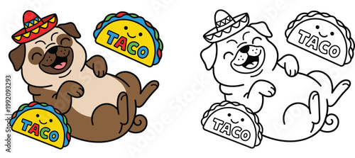 Cute Cartoon Pug wearing Sombrero with Smiling Tacos Vector Illustration and Line Art Coloring Page