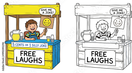 Cartoon Boy at Free Laughs Stand Selling Lemonade for 5 Cents or a Silly Joke Vector Illustration and Line Art Coloring Page Set