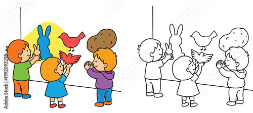 Children Playing with Hand Shadow Puppets on Wall Vector Illustration and Line Art Coloring Page for Kids Activity and Education