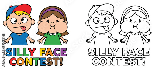 Silly Face Contest Vector Illustration and Line Art Coloring Page Featuring Cute Boy and Girl Making Funny Faces for Kids Activity