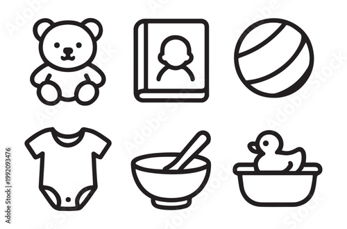 Simple black and white line icons depicting baby items and toys
