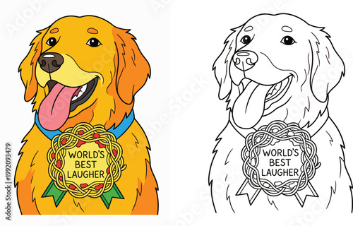 Smiling Golden Retriever Dog with World's Best Laugher Medal Award Vector Illustration and Line Art Coloring Page