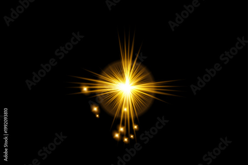 Dynamic starburst light effect golden radiance on black background for design