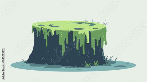 A stylized illustration features a decaying tree stump, covered in moss. Surrounding the base is grass