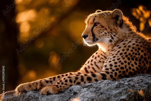 Portrait of a cheetah sunbathing on a rock