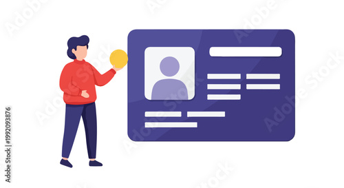 Illustration of a person holding a digital identification card or profile on a smartphone or tablet device